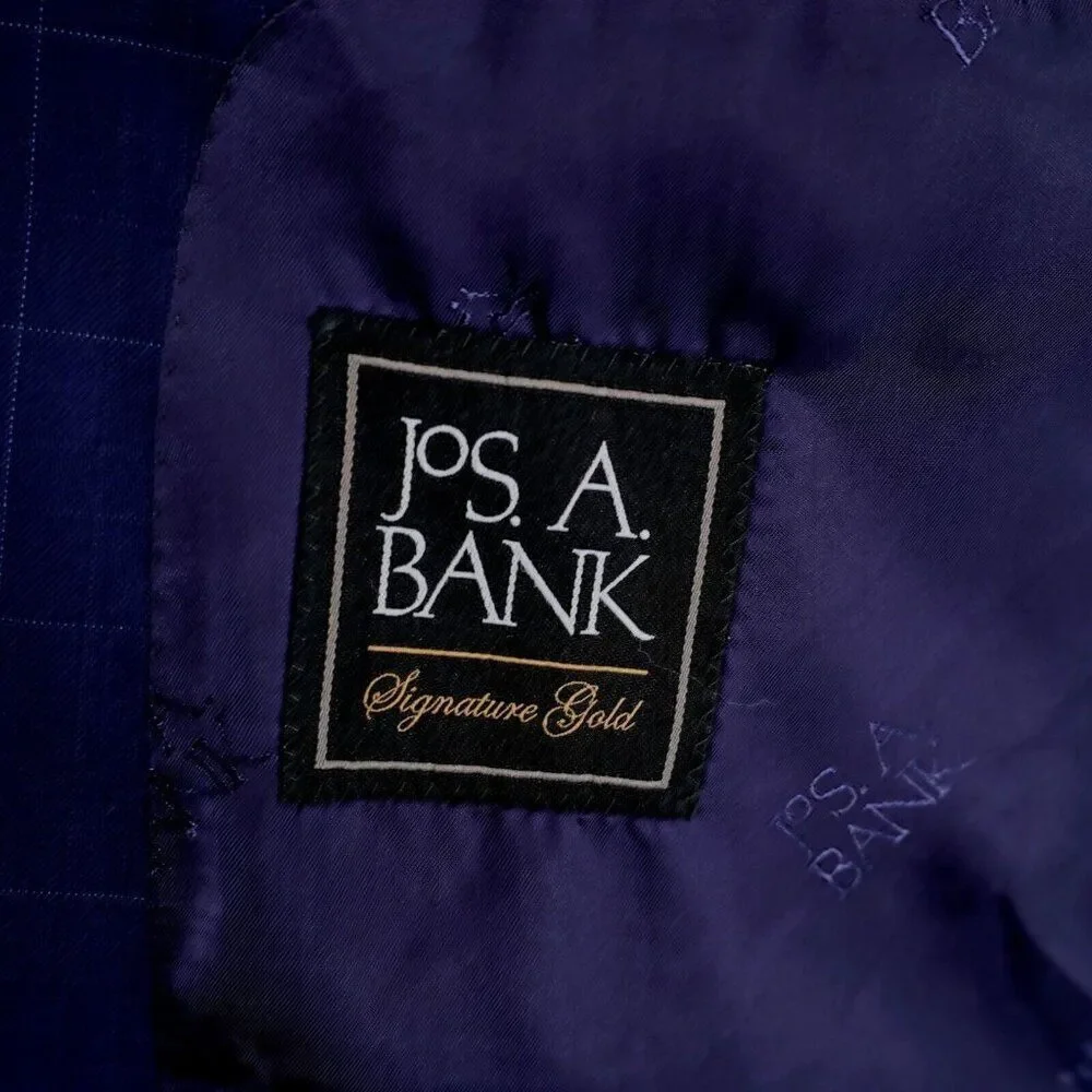 Jos A Bank Signature Gold Super 150s Wool‎ Blue Windowpane 42L 2 Button Blazer
